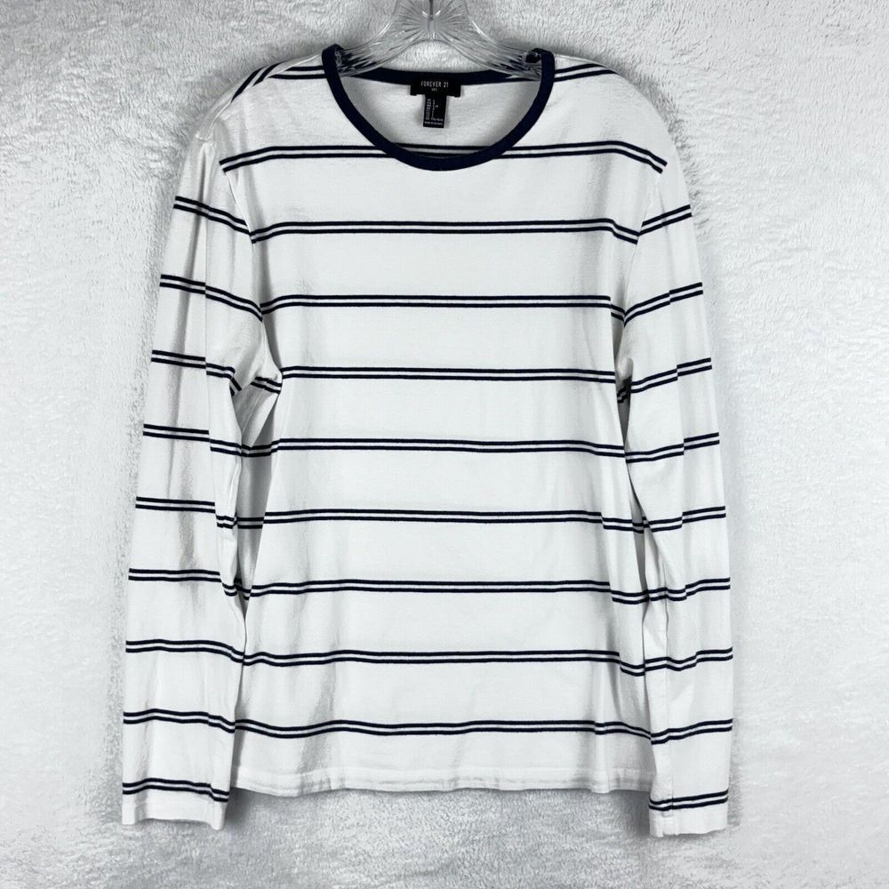 Forever 21 White With Black Striped Men's Long Sleeve T Shirt Size L